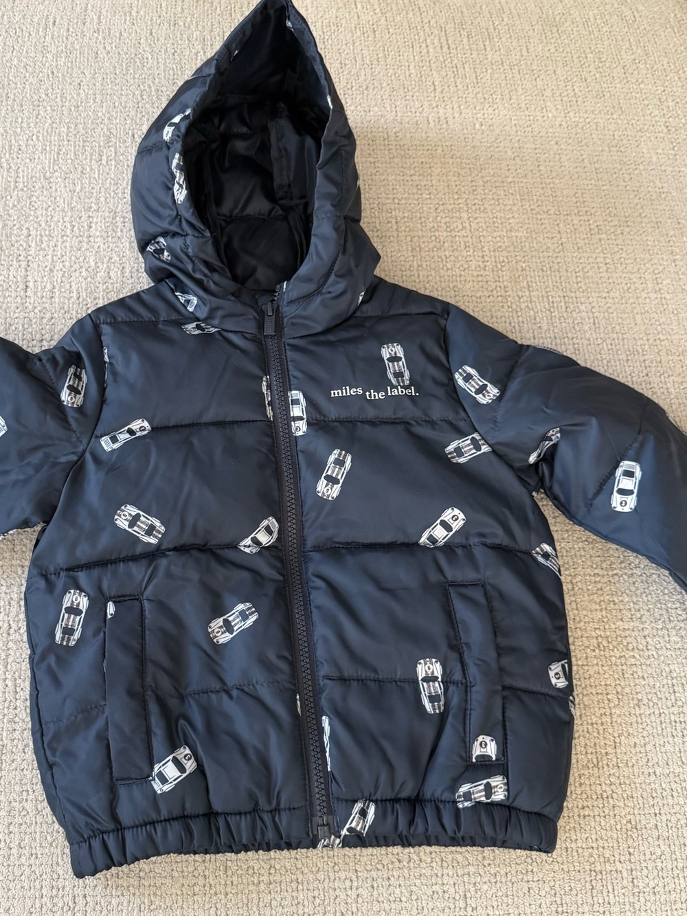 Miles the Label Navy Puffer Jacket with Car Print